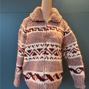 Cozy Knit Patterned Cardigan - Pink, Red and Cream